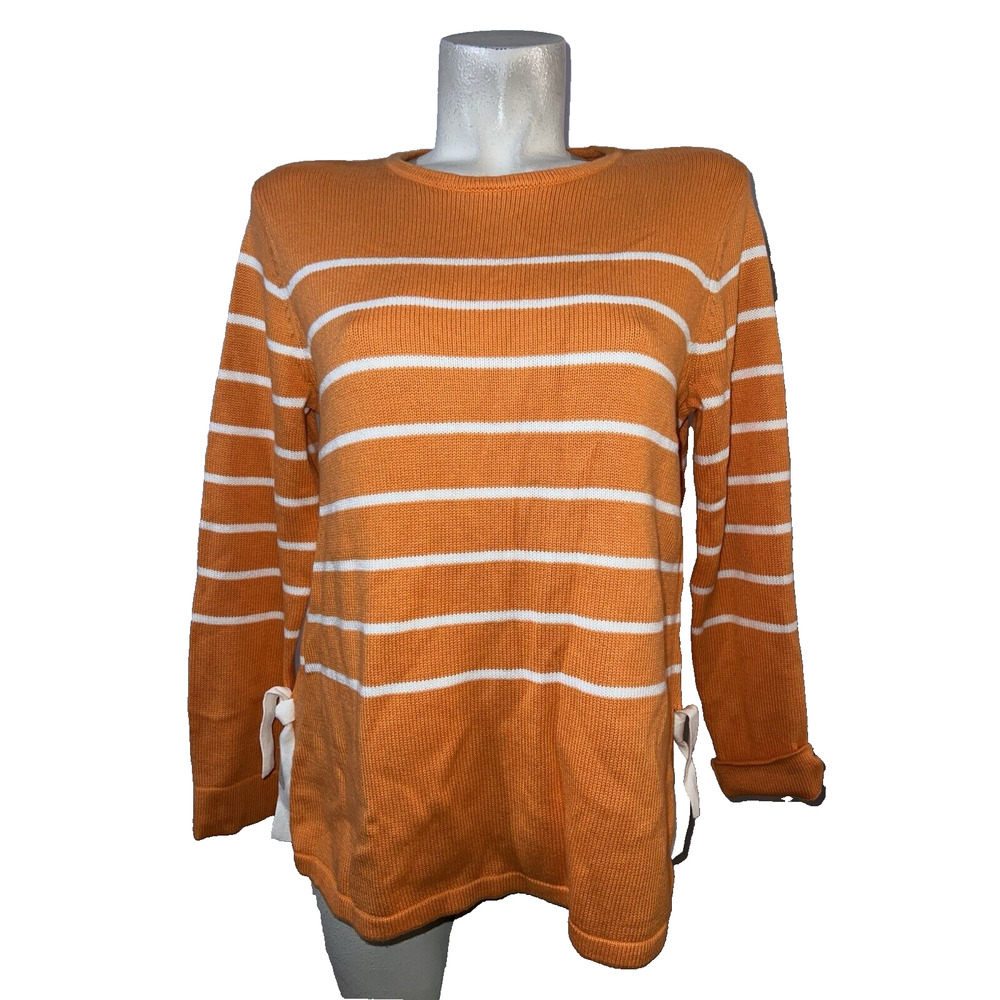 New J. JILL Sweater Sz M Orange White Stripe Tie Detail LS Knit Pullover Casual